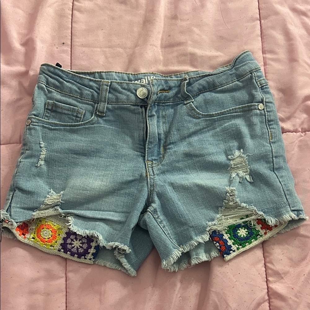 Wallflower Blue Jean Shorts with Multicolor Crochet